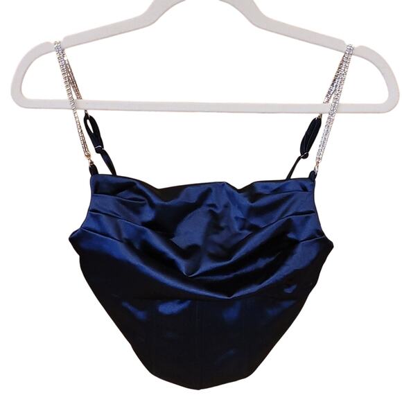 Navy Blue Size Small Sleeveless Cowl Neck Camisole Top Satin Corset Rhinestone - Picture 1 of 10